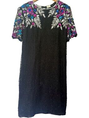 Vintage Silk Beaded Sequin Stenay Black Cocktail Dress Short Sleeve Evening Gown